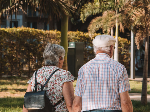 Couple de seniors marchant main dans la main dans un parc, vu de dos
