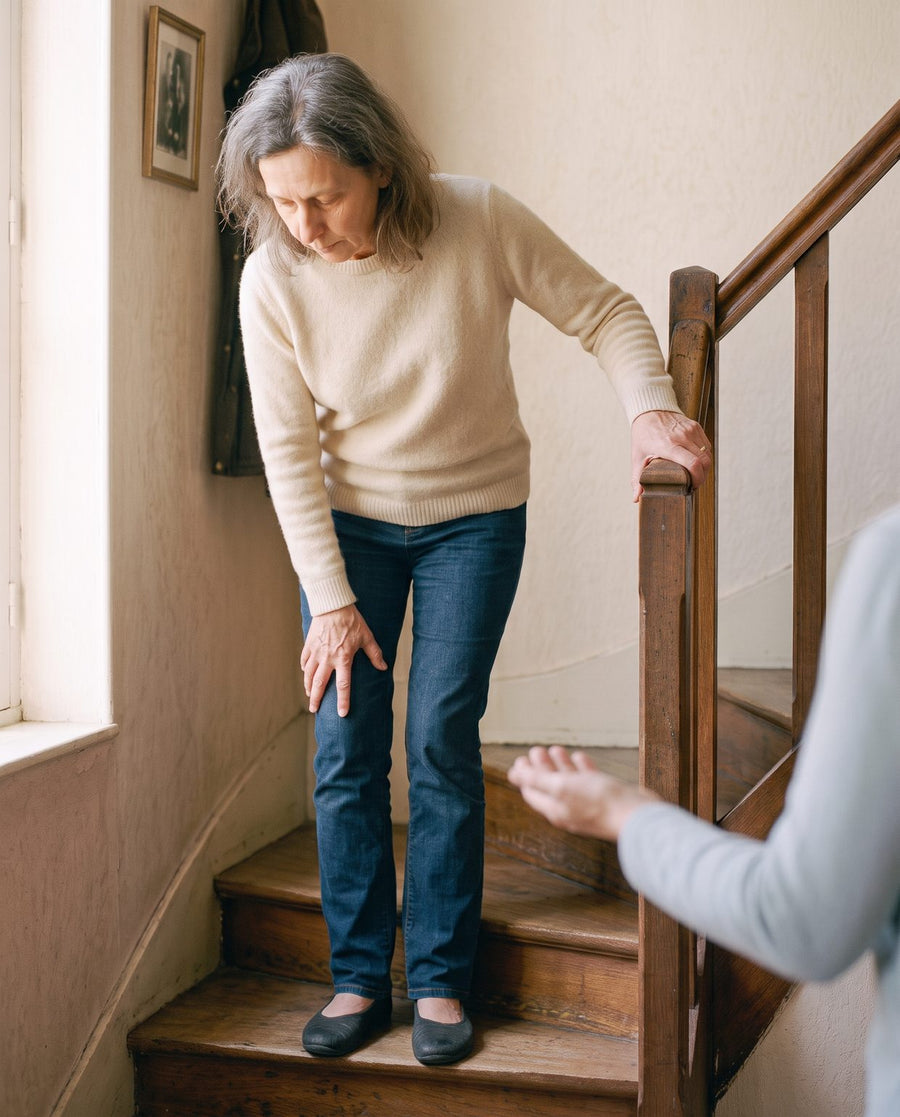 Femme aux cheveux gris descendant un escalier, une main sur la rampe et l'autre sur son genou douloureux