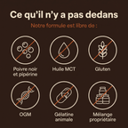 Ce qu'il n'y a pas dans Rootivae Articulations : ni poivre noir, ni huile MCT, ni gluten, ni OGM, ni gélatine animale, ni mélange propriétaire